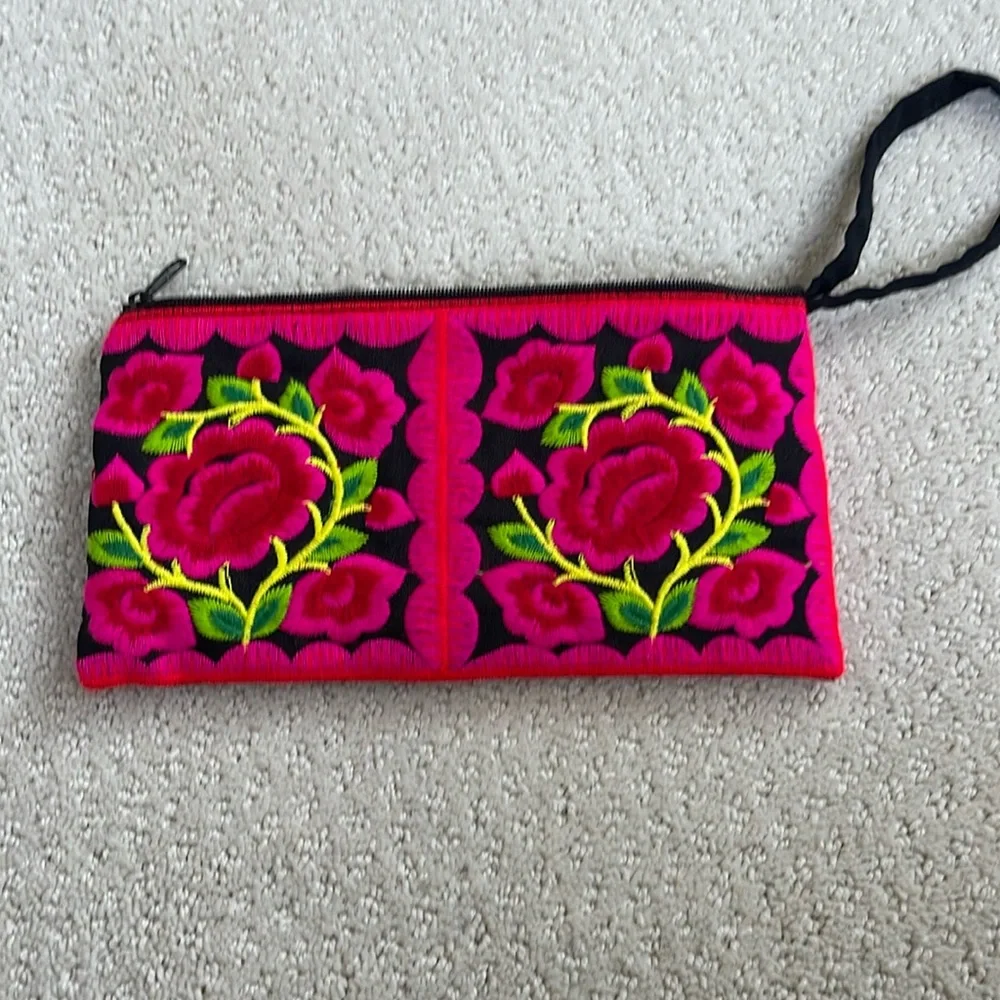 Handmade embroidered floral wristlet